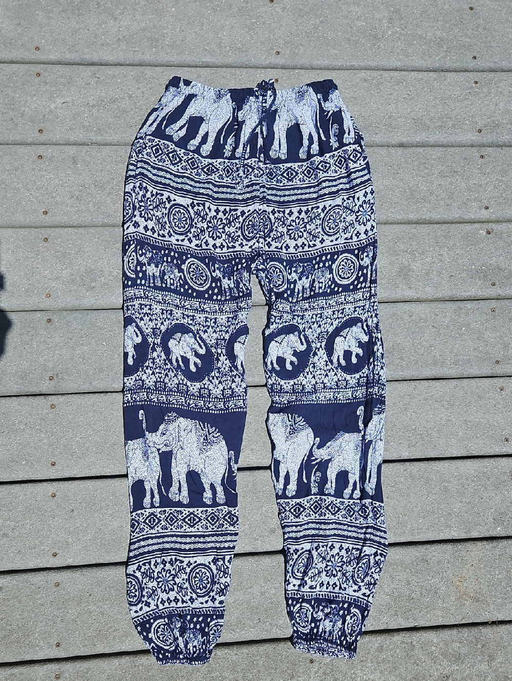 Wide Leg Elephant Print Harem Pants - Navy & White